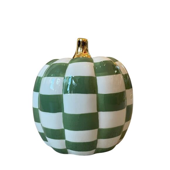 Green & White CHECKERED Pumpkin w/ Gold Stem 7in Ceramic Fall Home Decor New - Picture 5 of 11